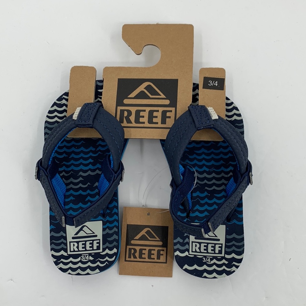 Reef Ahi flip flop sandal infant baby blue waves backstrap boy new, size 3/4C